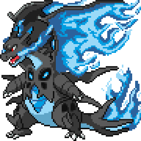 Illustration of a fusion between mega charizard y and mega charizard x